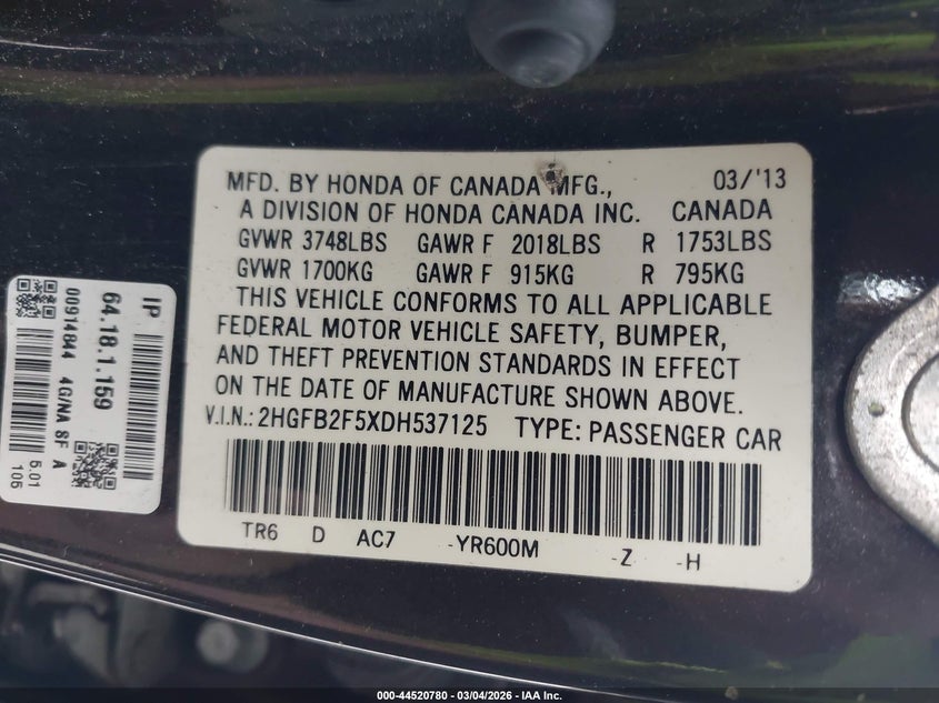 2013 HONDA CIVIC SEDAN 1.8L I-4 VVT, 140HP