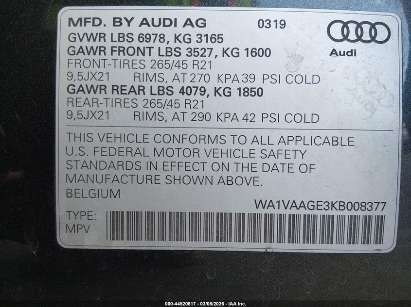 2019 Audi E-Tron Premium Plus VIN: WA1VAAGE3KB008377 Lot: 44520817