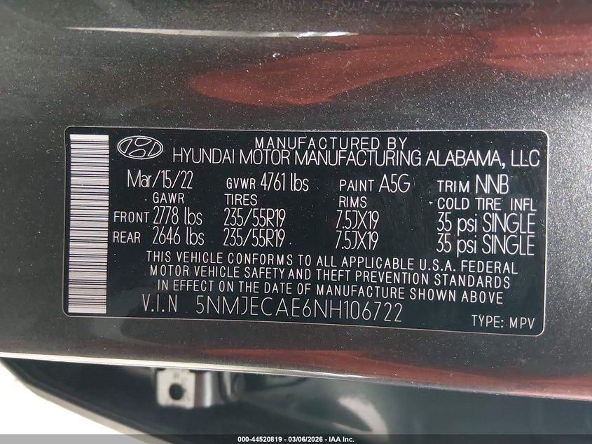 VIN 5NMJECAE6NH106722 2022 HYUNDAI TUCSON LIMITED