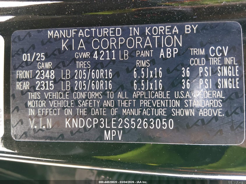 2025 Kia Niro Lx VIN: KNDCP3LE2S5263050 Lot: 44520820