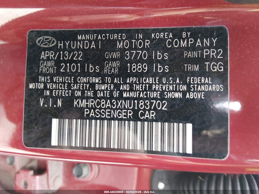 2022 Hyundai Venue Sel VIN: KMHRC8A3XNU183702 Lot: 44520885