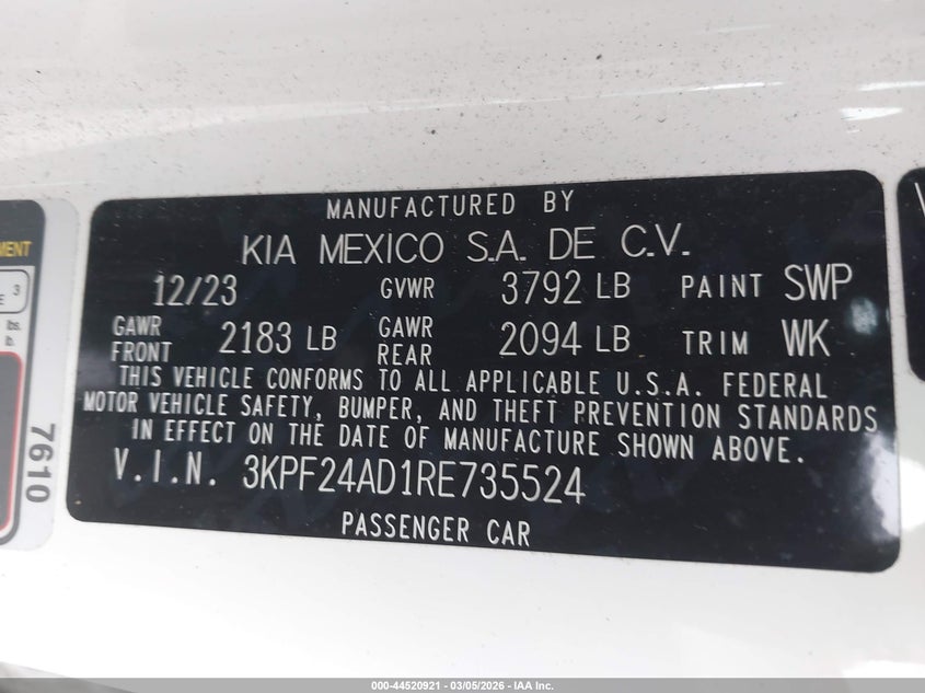 VIN 3KPF24AD1RE735524 2024 KIA FORTE LXS