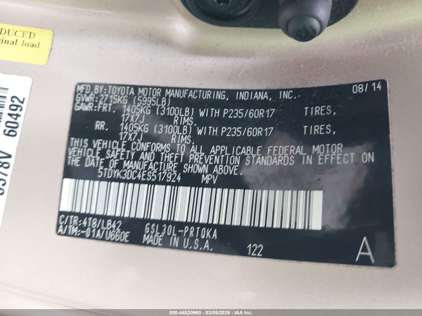 2014 Toyota Sienna Xle V6 8 Passenger VIN: 5TDYK3DC4ES517924 Lot: 44520960