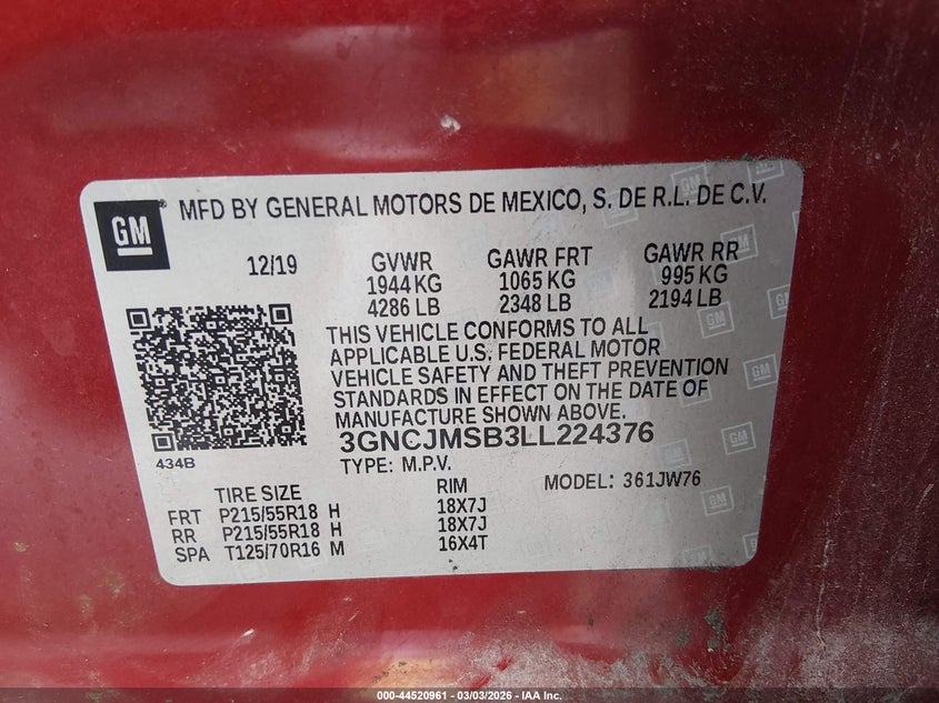 2020 CHEVROLET TRAX SPORT UTILITY VEHICLE 1.4L I-4 DOHC, VVT, TURBO, 138HP