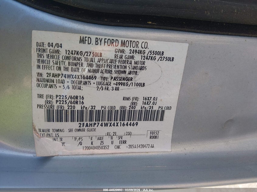 2004 Ford Crown Victoria Lx VIN: 2FAHP74WX4X164469 Lot: 44520993