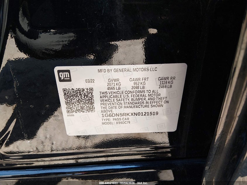 2022 Cadillac Ct5 Premium Luxury VIN: 1G6DN5RKXN0121519 Lot: 44521023