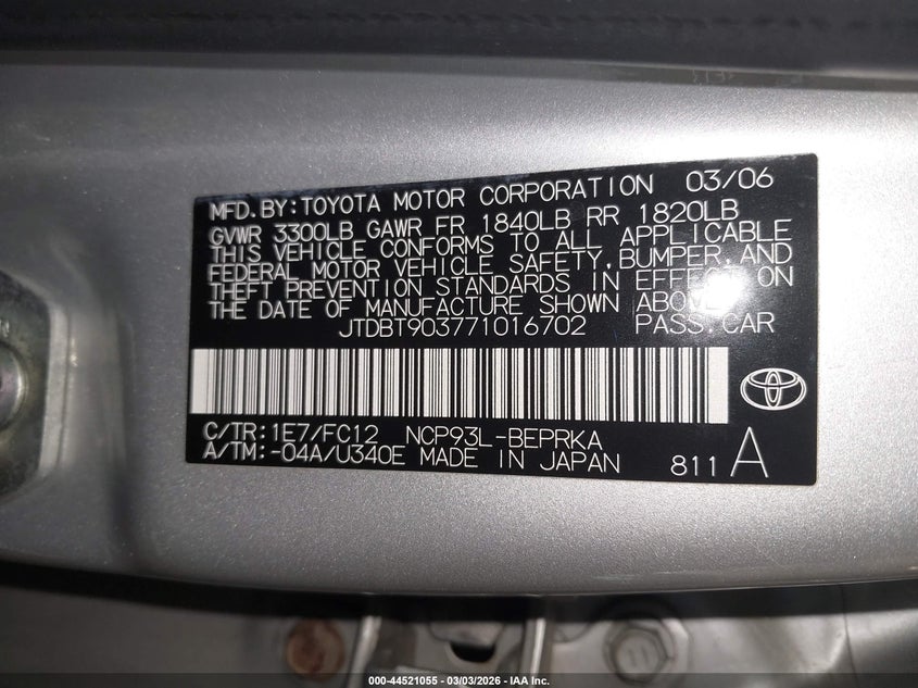 2007 Toyota Yaris VIN: JTDBT903771016702 Lot: 44521055