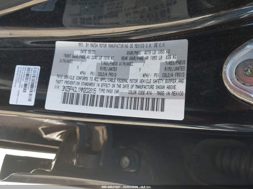 2021 Mazda Mazda3 Preferred VIN: 3MZBPACL1MM202815 Lot: 44521057