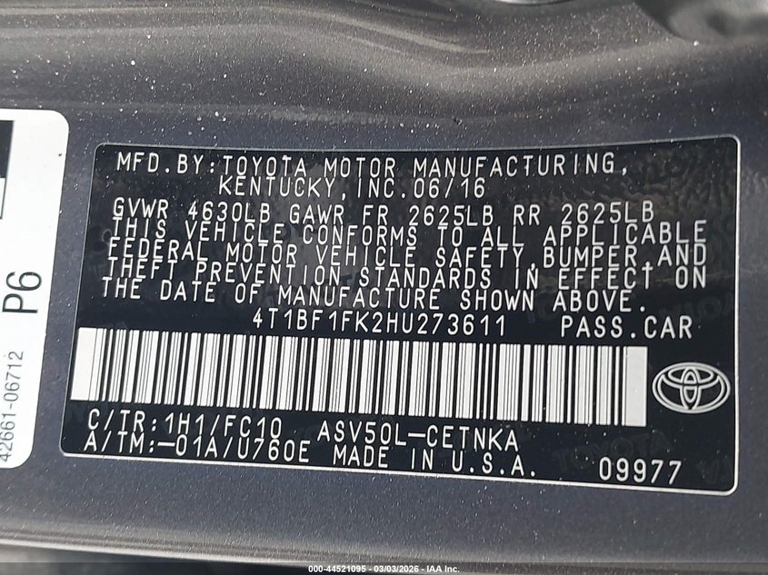 2017 TOYOTA CAMRY SEDAN 2.5L I-4 DOHC, VVT, 178HP