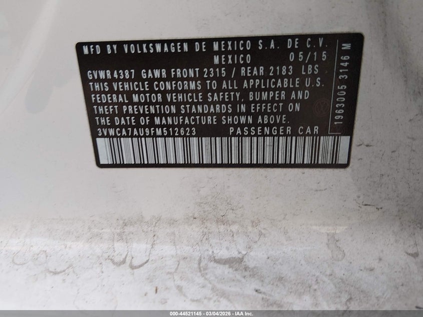 2015 Volkswagen Golf Sportwagen Tdi S 4-Door VIN: 3VWCA7AU9FM512623 Lot: 44521145