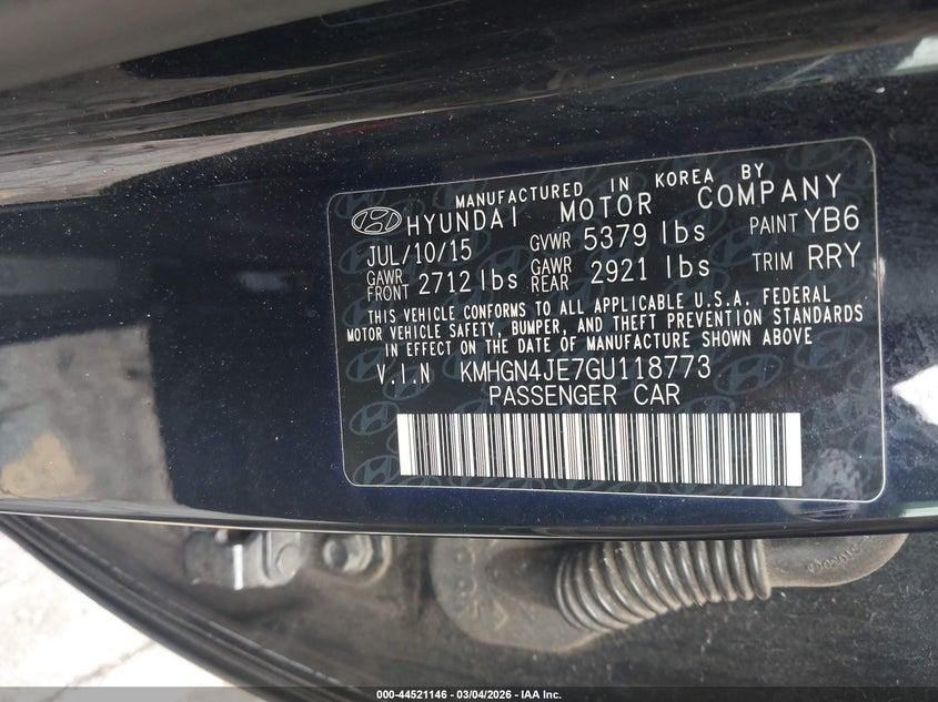 2016 Hyundai Genesis 3.8 VIN: KMHGN4JE7GU118773 Lot: 44521146