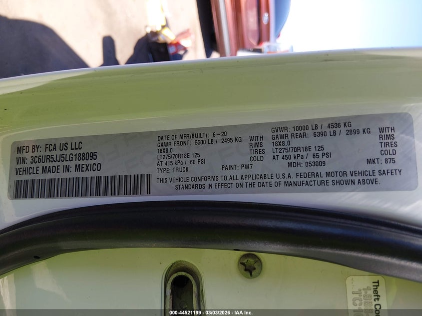 RAM 2500 2020 VIN 3C6UR5JJ5LG188095