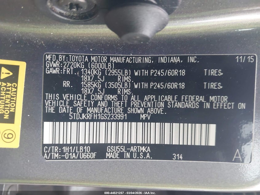 2016 Toyota Highlander Xle V6 VIN: 5TDJKRFH1GS233991 Lot: 44521257