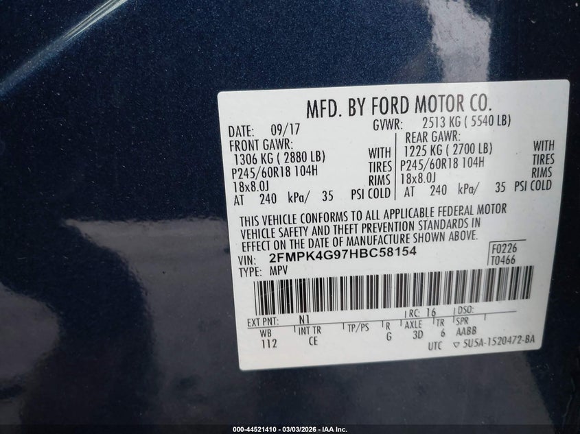 VIN 2FMPK4G97HBC58154 2017 FORD EDGE SE