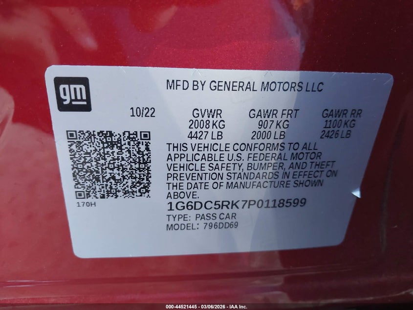 2023 Cadillac Ct4 Sport VIN: 1G6DC5RK7P0118599 Lot: 44521445