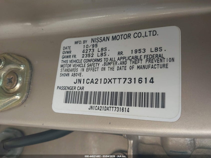 1996 Nissan Maxima Gle/Gxe/Se VIN: JN1CA21DXTT731614 Lot: 44521492