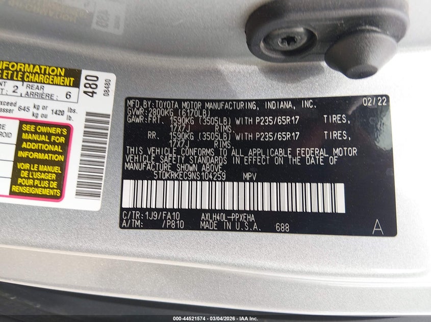 2022 Toyota Sienna Le VIN: 5TDKRKEC9NS104259 Lot: 44521574