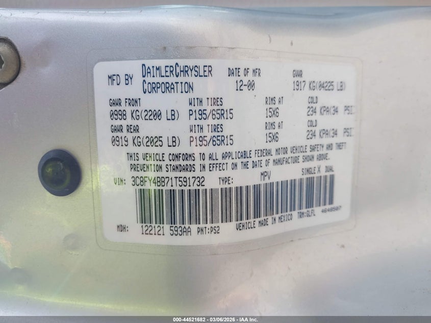 2001 Chrysler Pt Cruiser VIN: 3C8FY4BB71T591732 Lot: 44521682