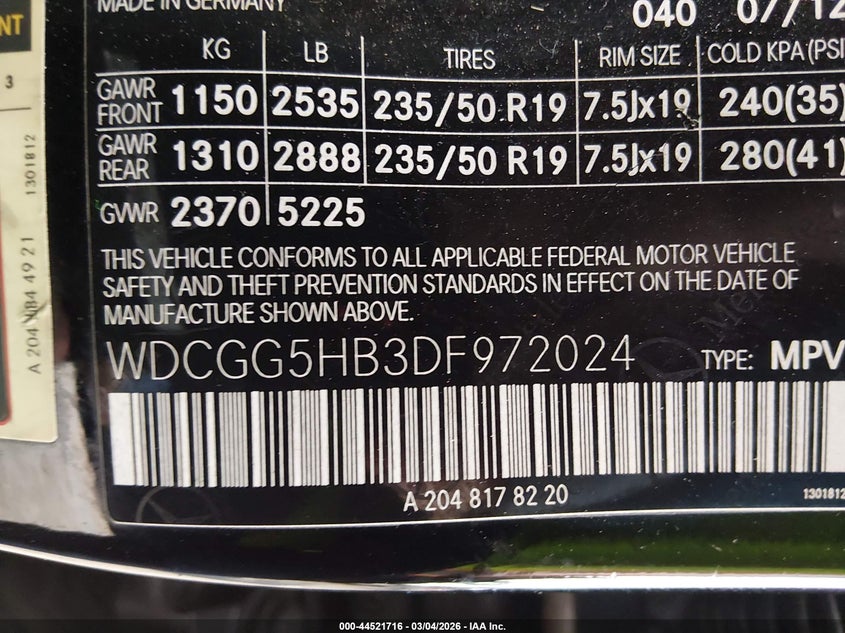 2013 Mercedes-Benz Glk 350 VIN: WDCGG5HB3DF972024 Lot: 44521716