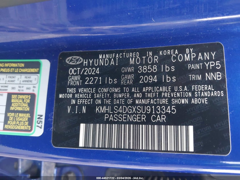 VIN KMHLS4DGXSU913345 2025 HYUNDAI ELANTRA SEL CONVENIENCE