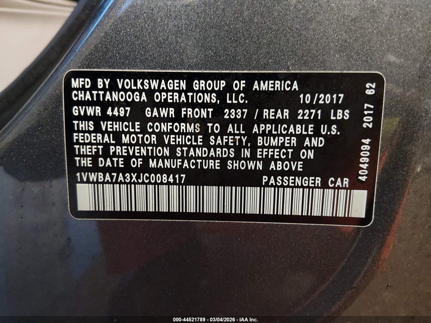 2018 Volkswagen Passat 2.0T Se VIN: 1VWBA7A3XJC008417 Lot: 44521789