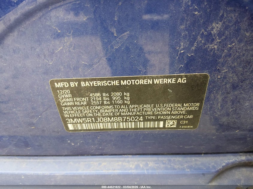 2021 BMW 330I VIN: 3MW5R1J08M8B75024 Lot: 44521822
