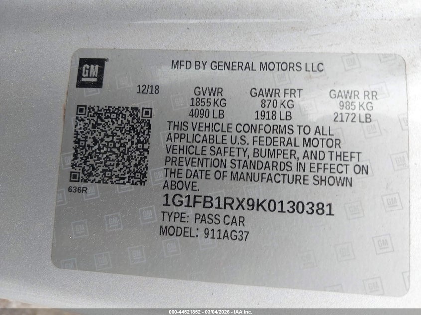 2019 Chevrolet Camaro 1Lt VIN: 1G1FB1RX9K0130381 Lot: 44521852
