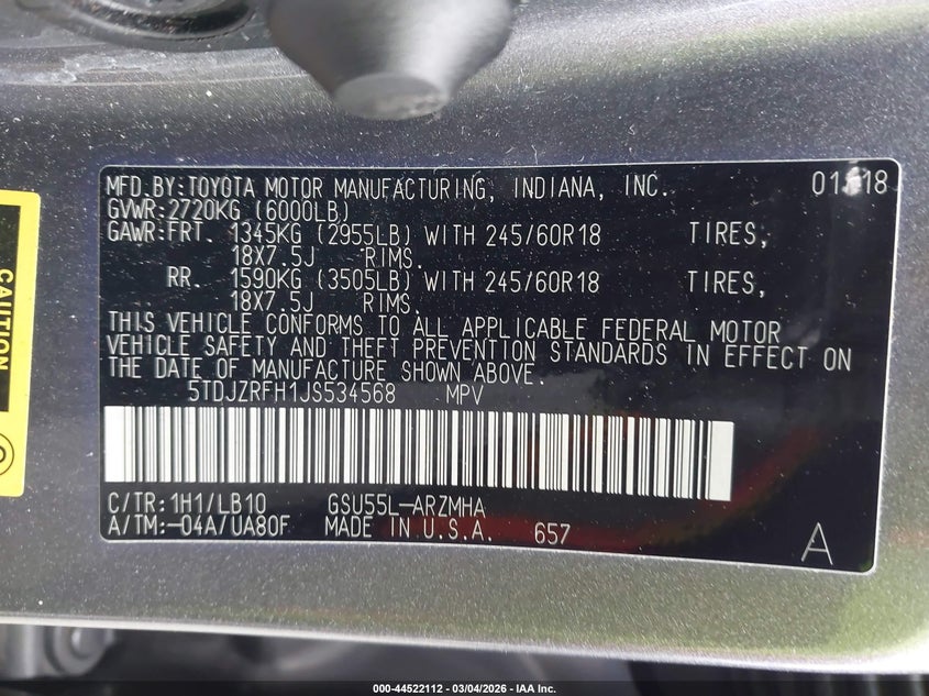 VIN 5TDJZRFH1JS534568 2018 TOYOTA HIGHLANDER XLE