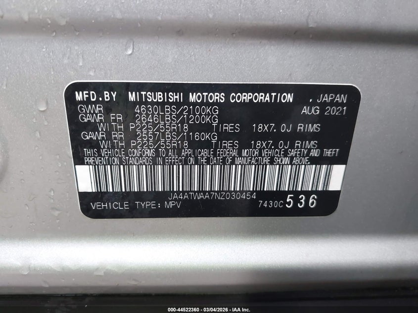 2022 Mitsubishi Eclipse Cross Se S-Awc/Se Special Edition S-Awc/Sel S-Awc/Sel Special Edition S-Awc VIN: JA4ATWAA7NZ030454 Lot: 44522360