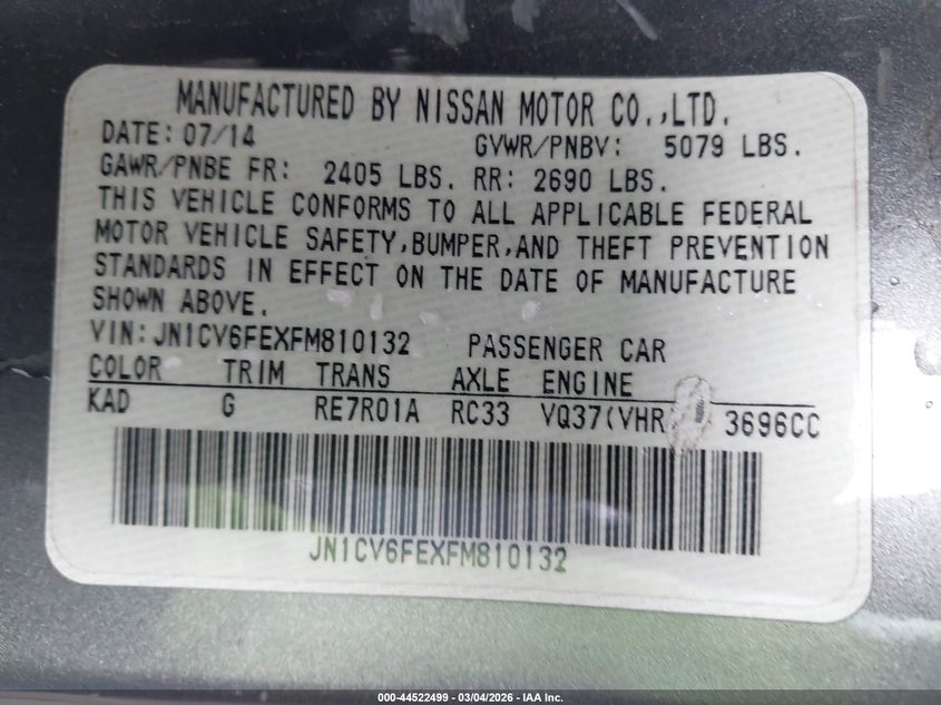 2015 Infiniti Q60 VIN: JN1CV6FEXFM810132 Lot: 44522499