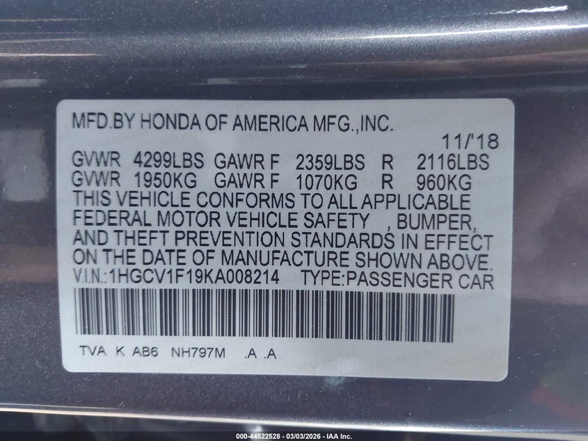 VIN 1HGCV1F19KA008214 2019 HONDA ACCORD LX