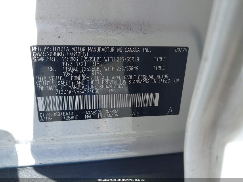 VIN 2T3C1RFV6SW424668 2025 TOYOTA RAV4 XLE PREMIUM