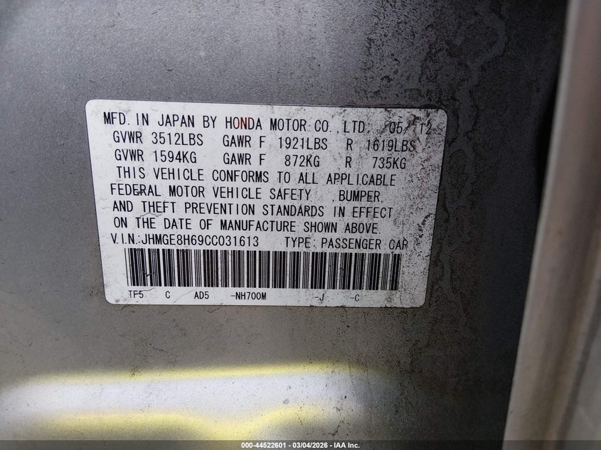 2012 Honda Fit 1.5 Sport silver Lot 111044522601 Vin JHMGE8H69CC031613