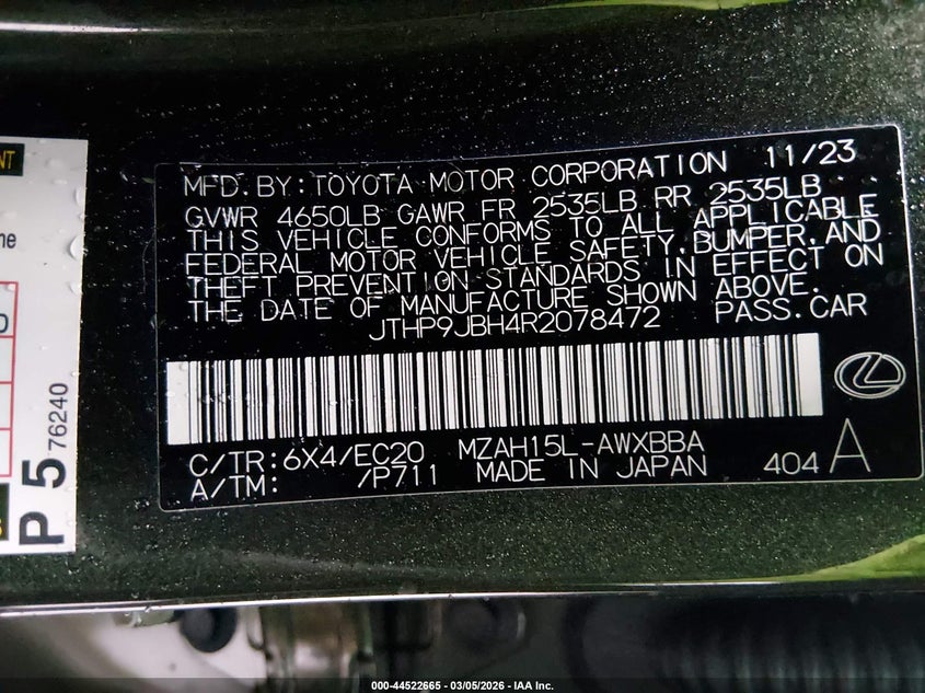 2024 Lexus Ux 250H Premium VIN: JTHP9JBH4R2078472 Lot: 44522665