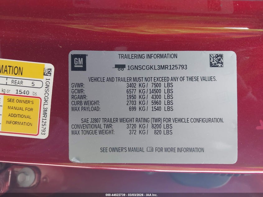 2021 Chevrolet Suburban 2Wd High Country VIN: 1GNSCGKL3MR125793 Lot: 44522739