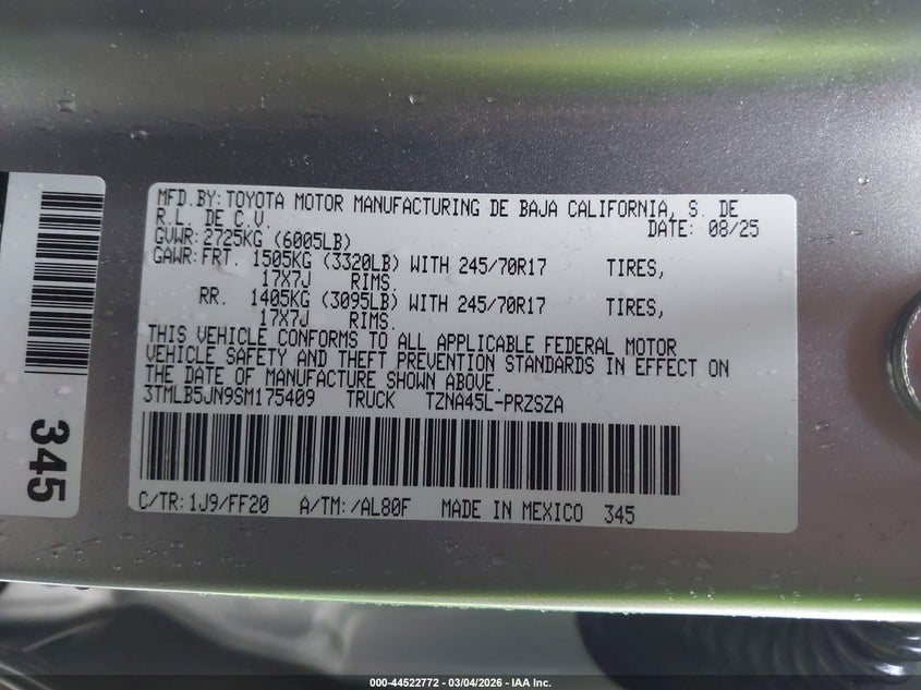 VIN 3TMLB5JN9SM175409 2025 TOYOTA TACOMA SR5