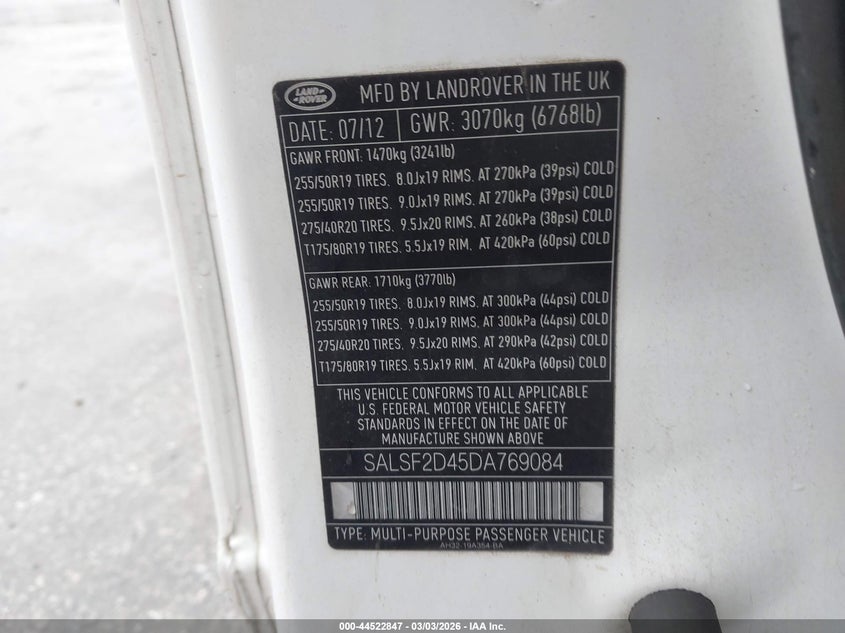 2013 Land Rover Range Rover Sport Hse VIN: SALSF2D45DA769084 Lot: 44522847