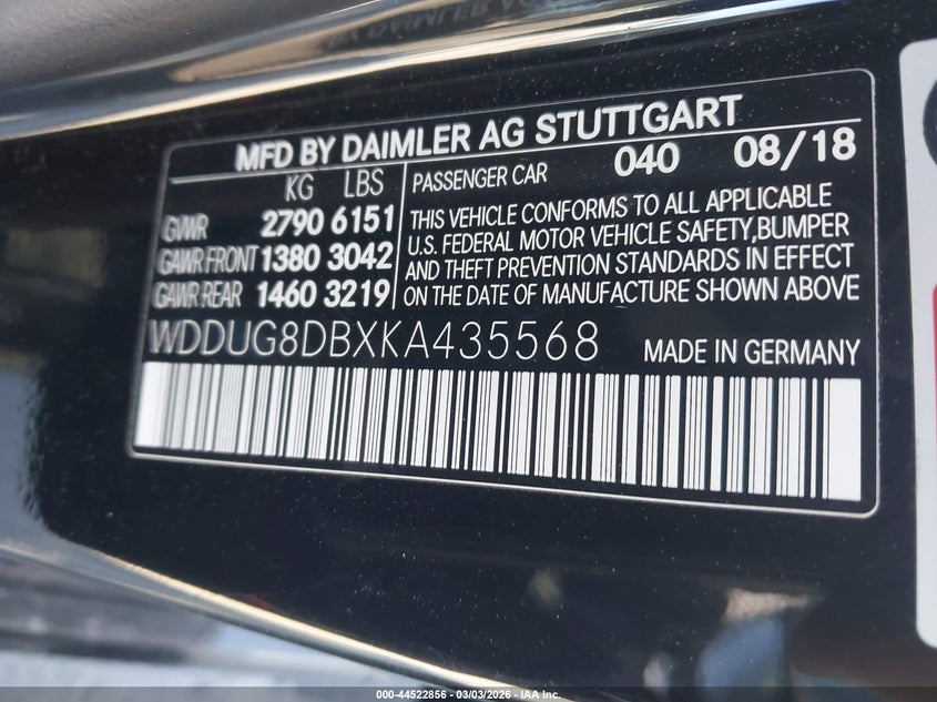 2019 Mercedes-Benz S 560 VIN: WDDUG8DBXKA435568 Lot: 44522856