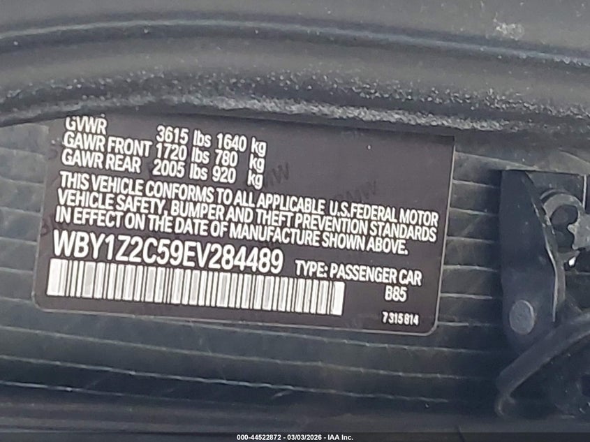 2014 BMW I3 VIN: WBY1Z2C59EV284489 Lot: 44522872