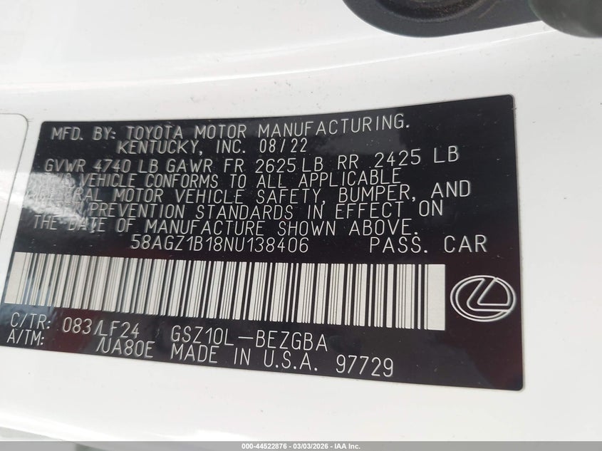 2022 Lexus Es 350 F Sport VIN: 58AGZ1B18NU138406 Lot: 44522876