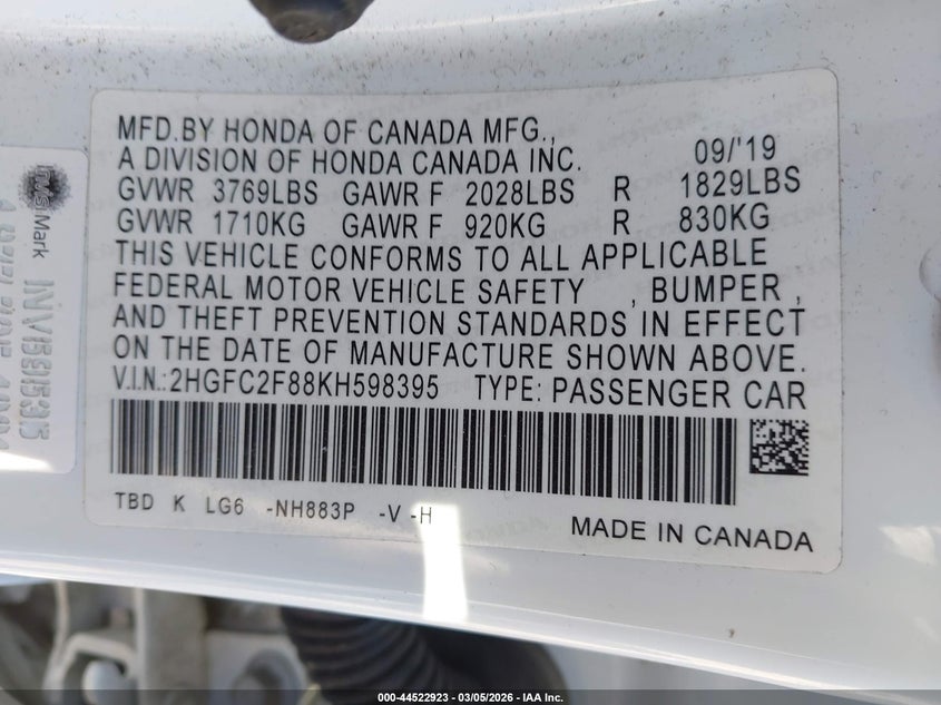 2019 HONDA CIVIC SEDAN 2.0L I-4 DOHC, VVT, 158HP