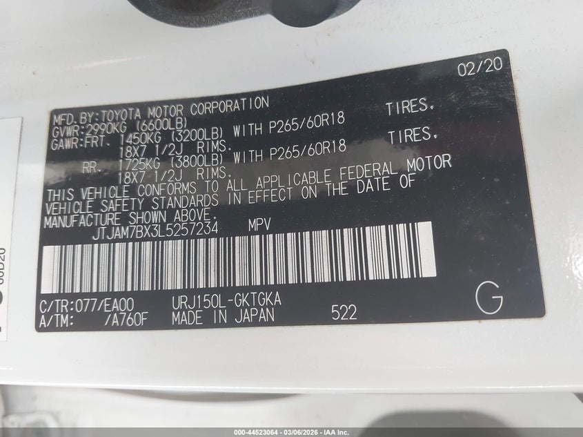 2020 Lexus Gx 460 Premium VIN: JTJAM7BX3L5257234 Lot: 44523064