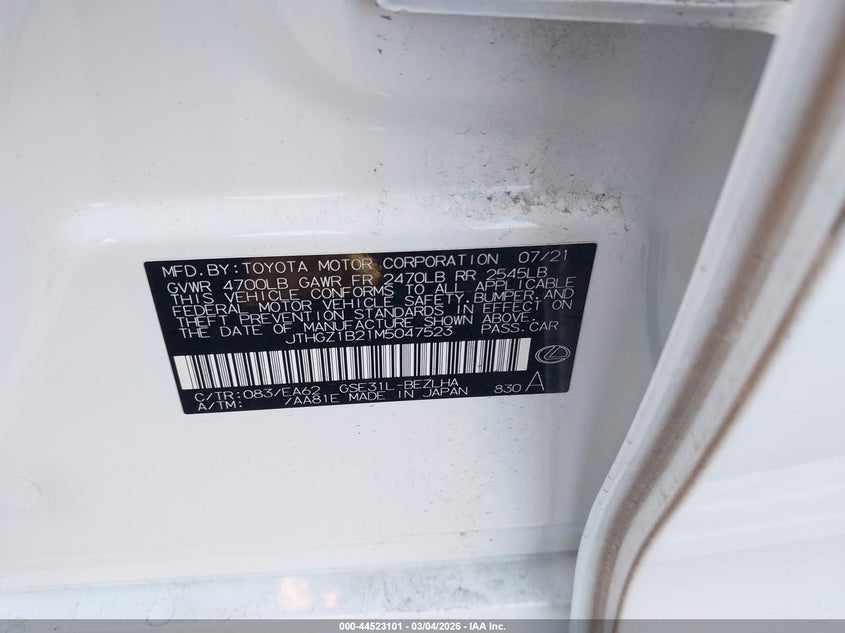 2021 Lexus Is 350 F Sport VIN: JTHGZ1B21M5047523 Lot: 44523101