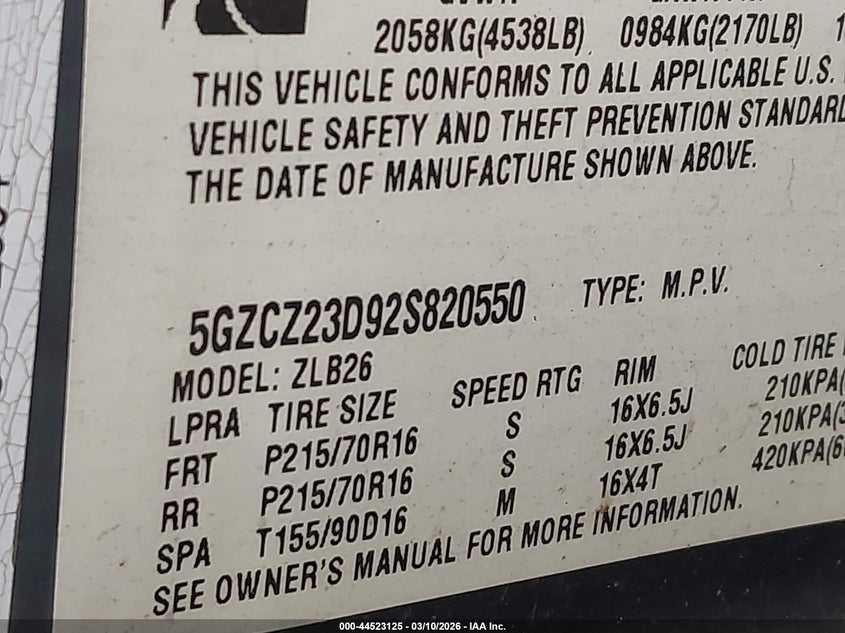 2002 Saturn Vue 4 Cyl VIN: 5GZCZ23D92S820550 Lot: 44523125