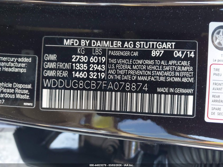 2015 Mercedes-Benz S 550 VIN: WDDUG8CB7FA078874 Lot: 44523279