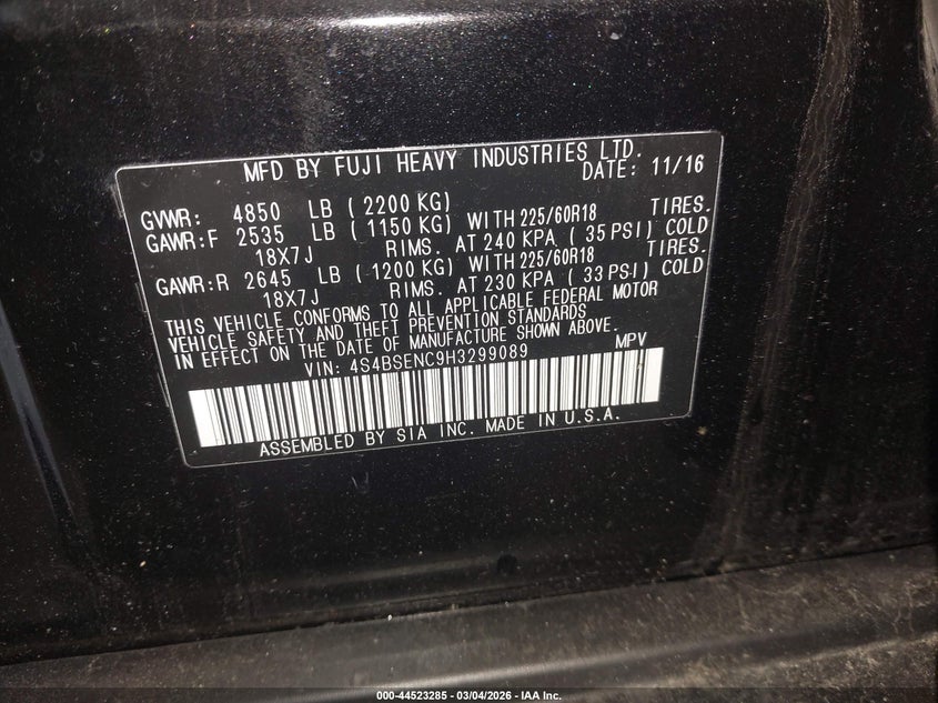 2017 Subaru Outback 3.6R Limited VIN: 4S4BSENC9H3299089 Lot: 44523285