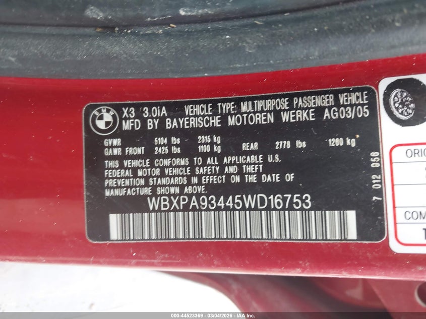 2005 BMW X3 3.0I VIN: WBXPA93445WD16753 Lot: 44523369