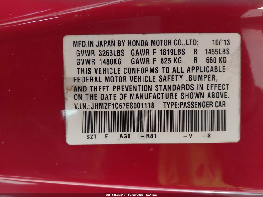 2014 Honda Cr-Z Ex VIN: JHMZF1C67ES001118 Lot: 44523412
