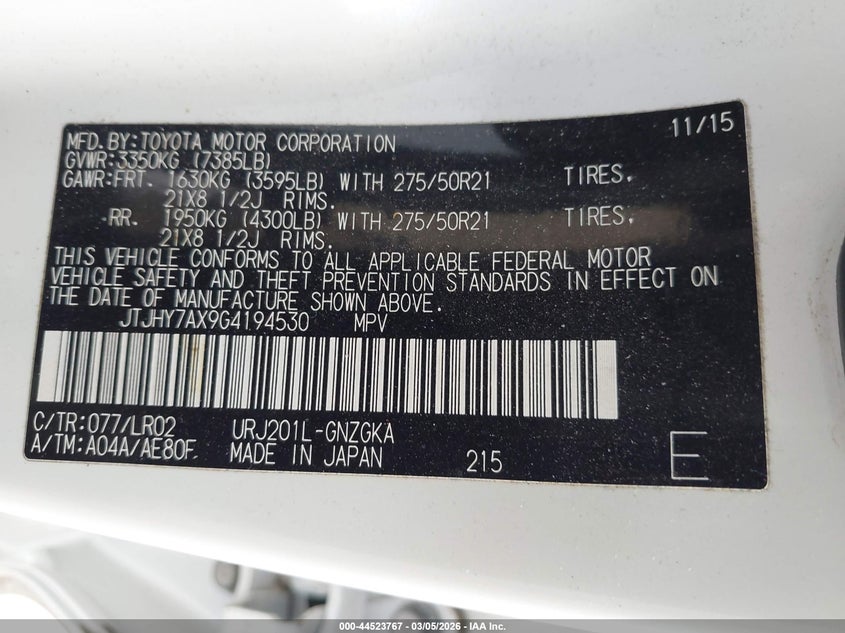 2016 Lexus Lx 570 VIN: JTJHY7AX9G4194530 Lot: 44523767