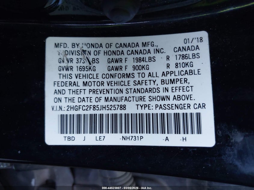 2018 HONDA CIVIC SEDAN 2.0L I-4 DOHC, VVT, 158HP